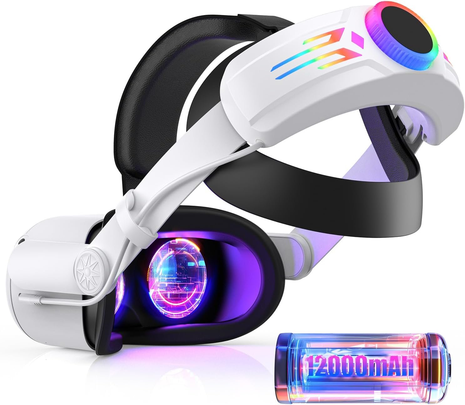 RGB Head Strap with 12000mAh Battery for Oculus Quest 2, Battery Pack for Extended 8 Hrs of Playtime, Fast Charging VR Power, Adjustable Elite Strap Enhanced Support and Balance for Meta Quest 2