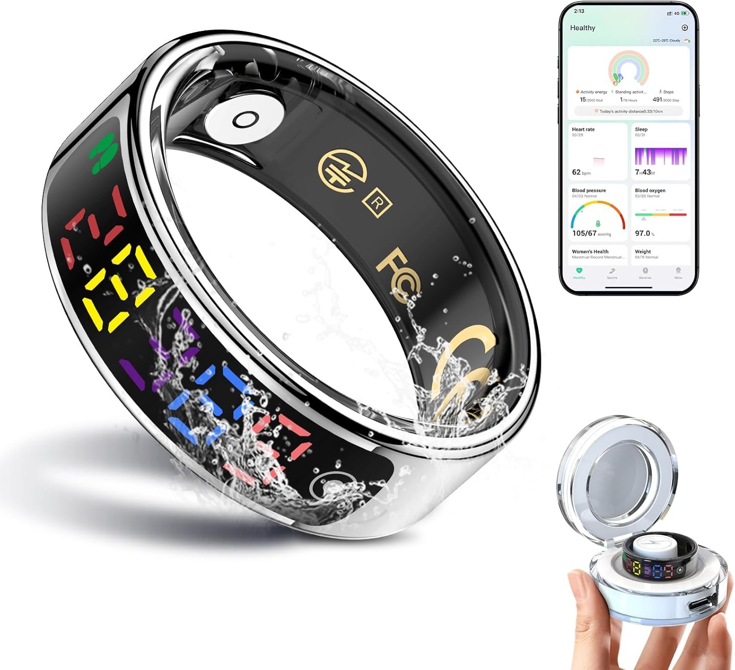 Smart Ring for Women Men, Health Ring Colorful Display, Fitness Tracker with Heart Rate, Blood Oxygen, Sleep Monitor, No Subscription Fee, 5ATM Waterproof for iOS & Android (Silver, 11)