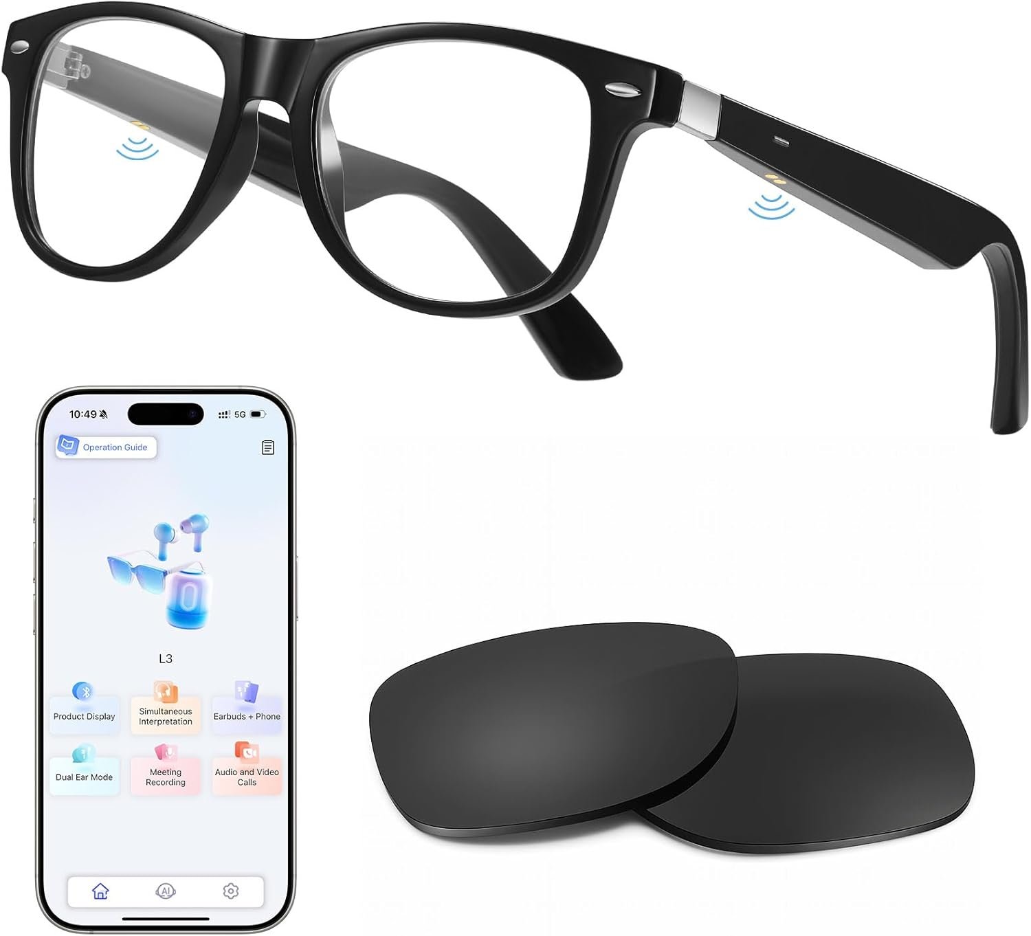 Anpress Smart Glasses with AI Translation for Men Women, 6.0 Bluetooth Music Glasses with Real-Time Translator for 164 Languages, Anti-Blue Light/UV400 Lenses, Open-Ear Clear Sound