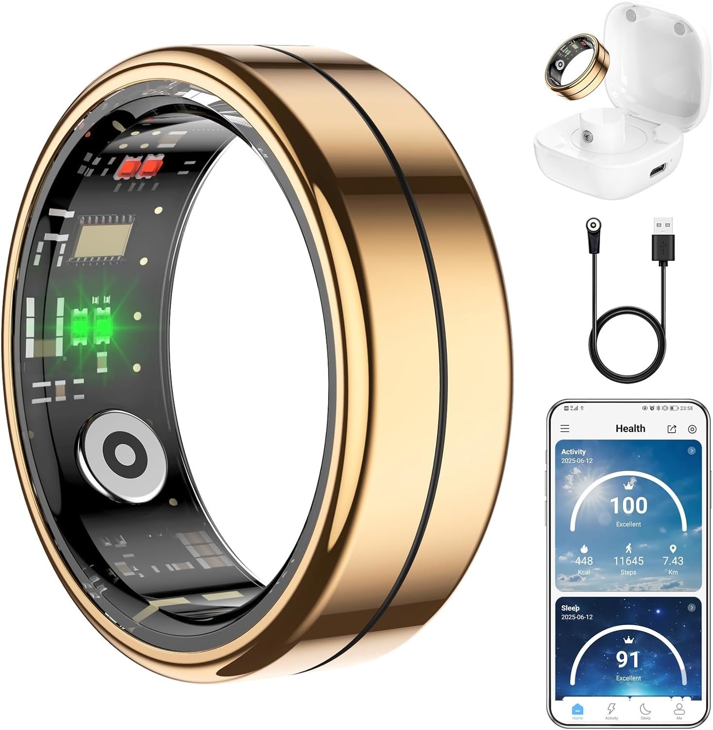 Fit Ring for Women Men, Ring Health Tracker with Heart Rate,Blood Oxygen,Heart Rate Variability, Stress, Sleep Monitor, Step Counter, Smart Ring for iPhone & Android, No Subscription Fee (Gold, 13#)