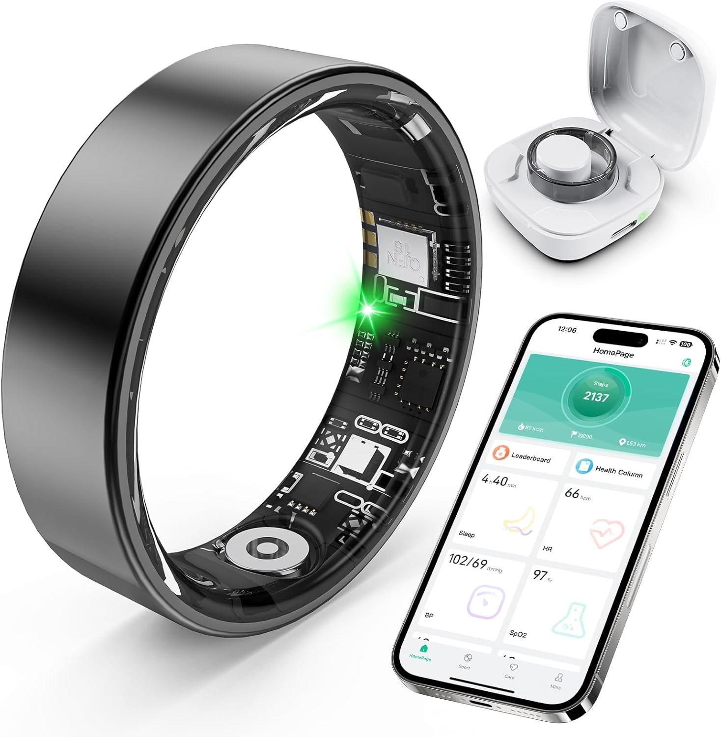 Smart Ring with Sleep Monitoring, Step Counting, Heart Rate, Blood Oxygen for iPhone and Android, No Subscription Fee, IP68 Waterproof Health Tracker (Black, 9)