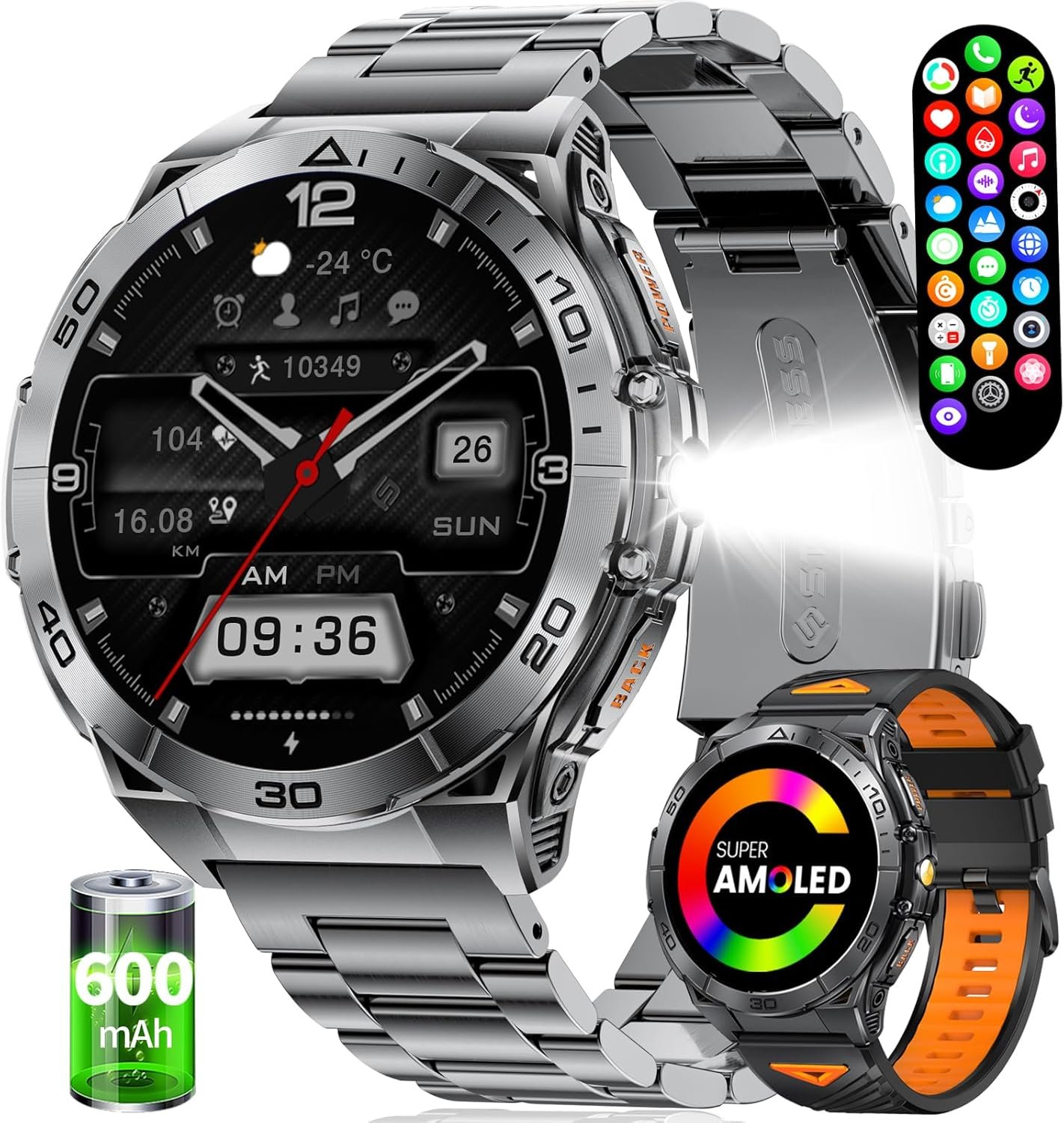 Smart Watches for Men with Flashlight,1.6" AMOLED Always on Display Outdoor Sports Smartwatch with 111 Sports modes ,Heart Rate/Sleep Monitor IP68 Waterproof Fitness Tracker for Android iOS,2 Straps