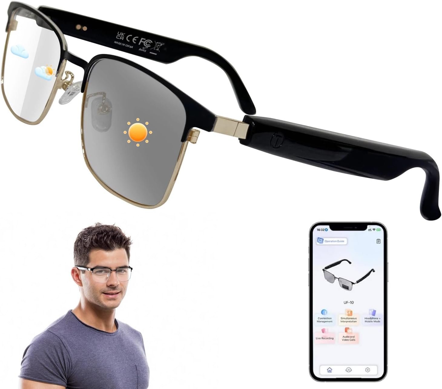AI Translation Glasses Powered by Chat GPT, Bluetooth 5.3 Smart Glasses for Women Men, Photochromic Lenses, Real-Time Translation in 160+ Languages via APP, AI Glasses for Indoor Outdoor (Gold)