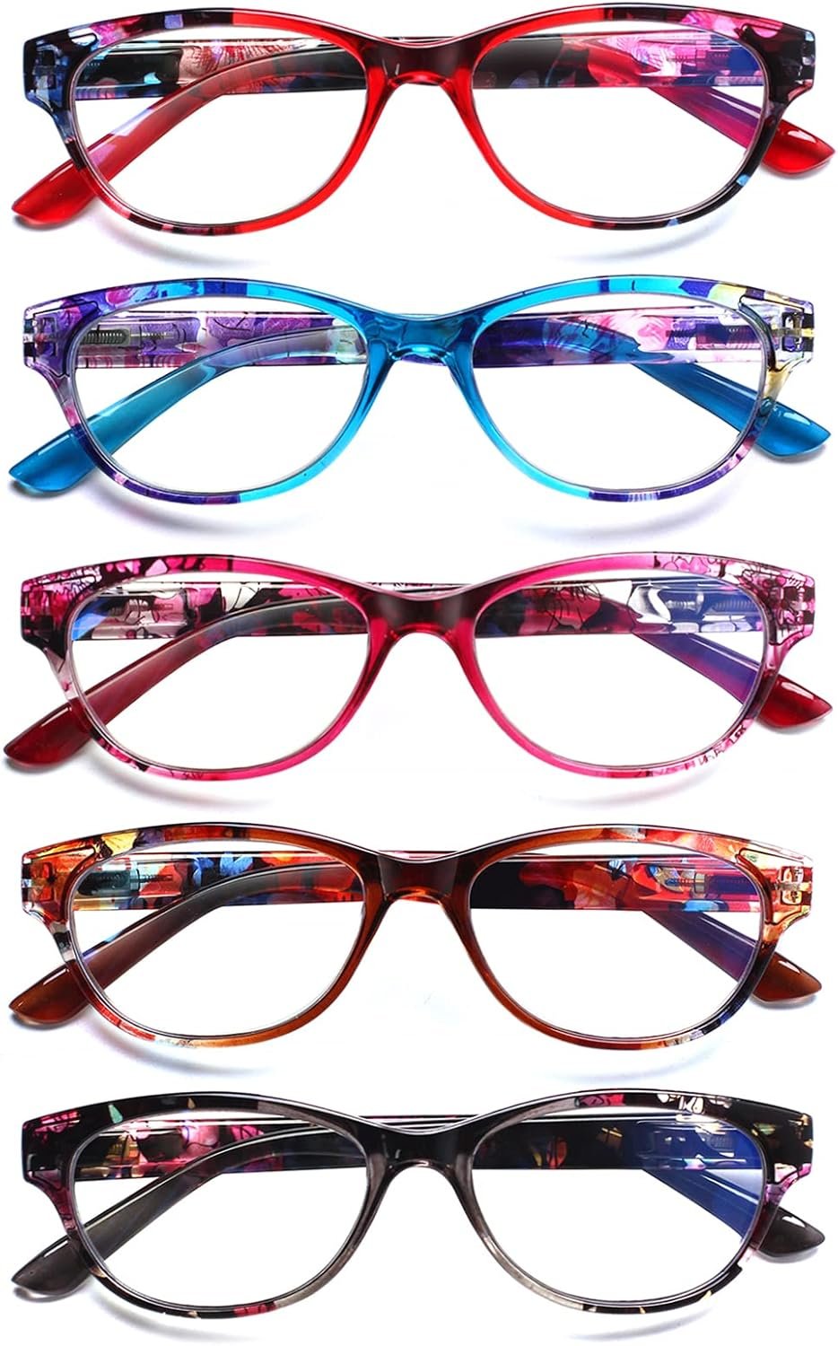 SIGVAN Ladies Cat Eye Reading Glasses 5 Pairs Blue Light Blocking Spring Hinge Fashion Pattern Print Readers for Women