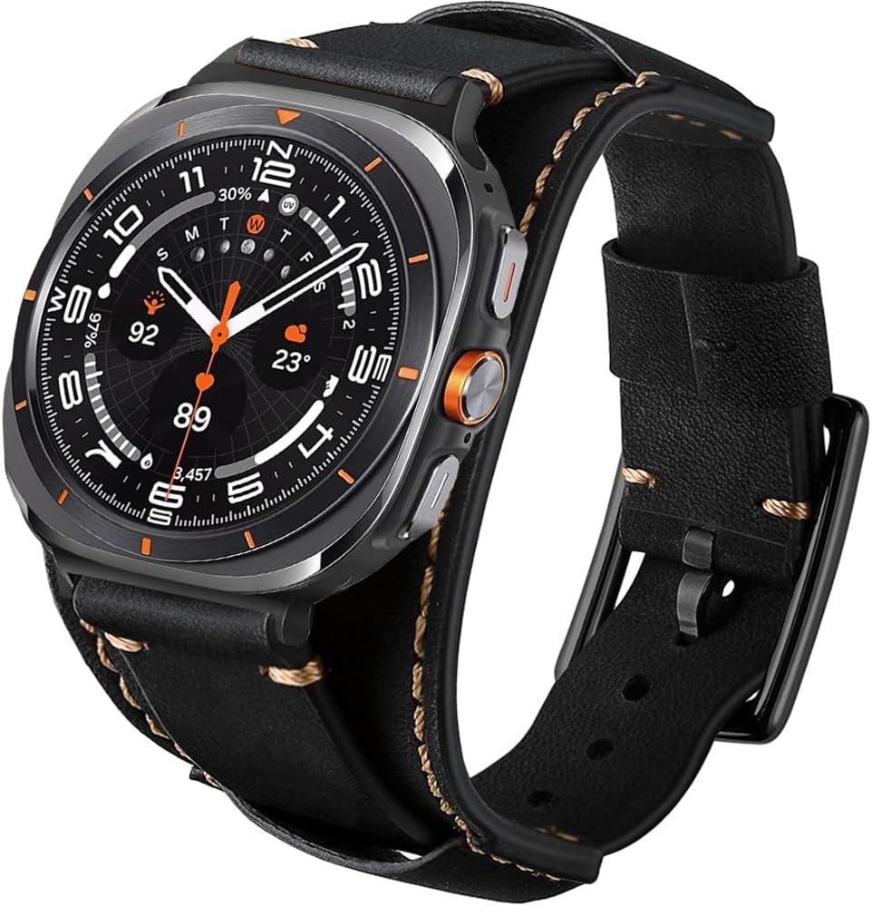 CooBES Genuine Leather Bands Compatible with Samsung Galaxy Watch Ultra 47mm Replacement Wristband,Smart Watch Bracelet Wristband Crazy Horse Cuff Adjustable Quick Release Straps for Women Men.