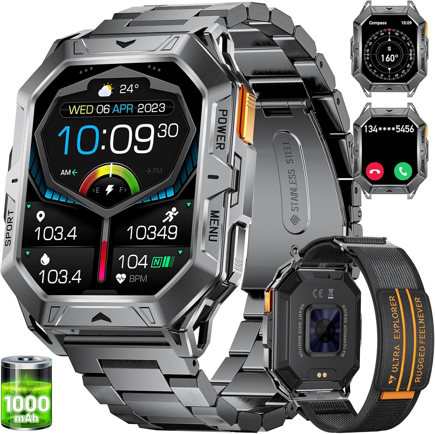 LIGE Smart Watch with 1000 mAh Battery, 2.13" AMOLED Full Touch Screen Military Smart Watches for Men with Make/Answer Call/110 Sports Modes/5ATM Waterproof Watch/Sleep Monitor, iOS Android