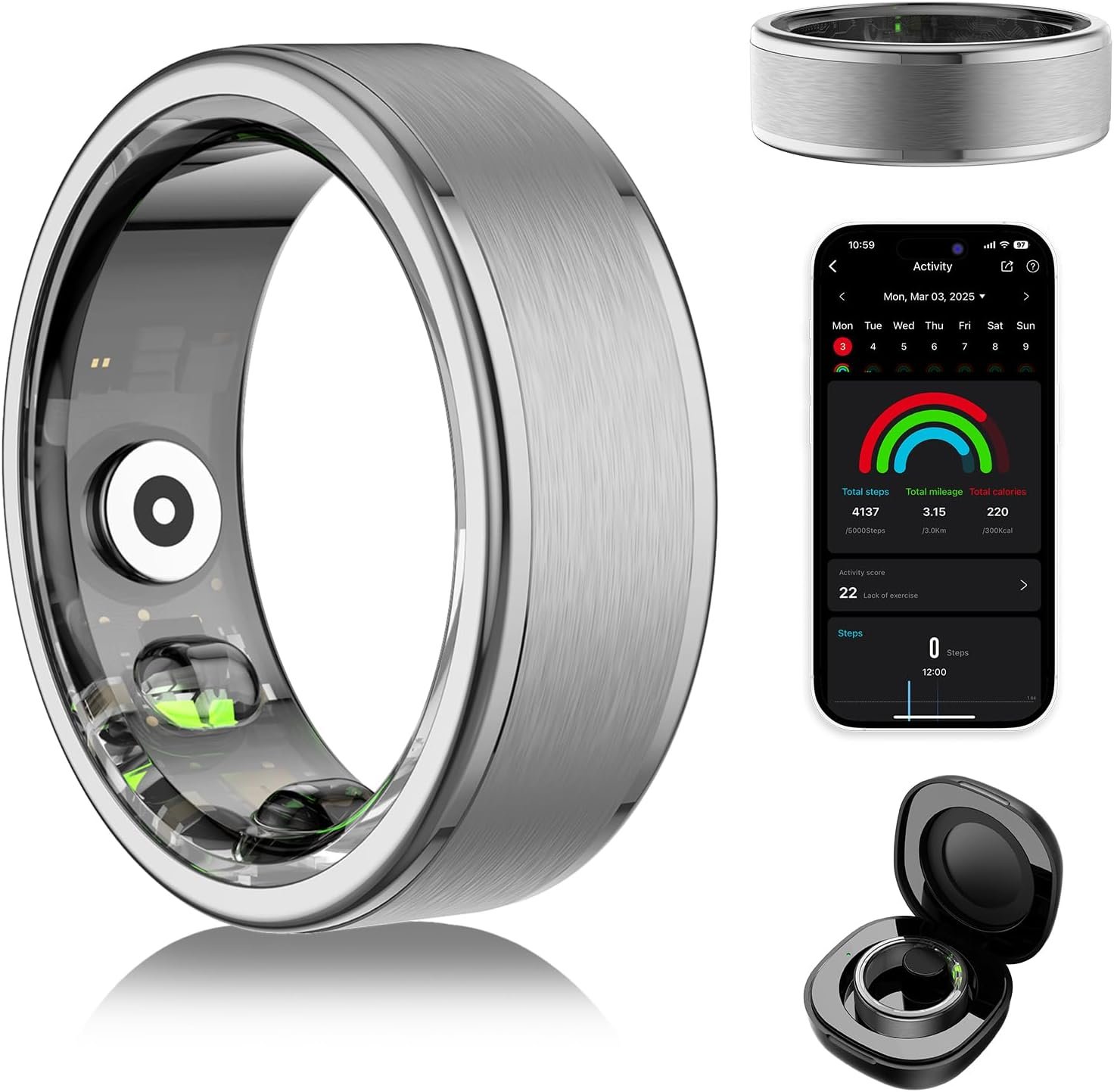 Domhong Smart Ring for Women Men - Fitness Tracker with Heart Rate/Blood Oxygen/Stress Monitor/Steps/Sleep Tracking, No App Subscription, 5ATM Waterproof Health Rings(11#)