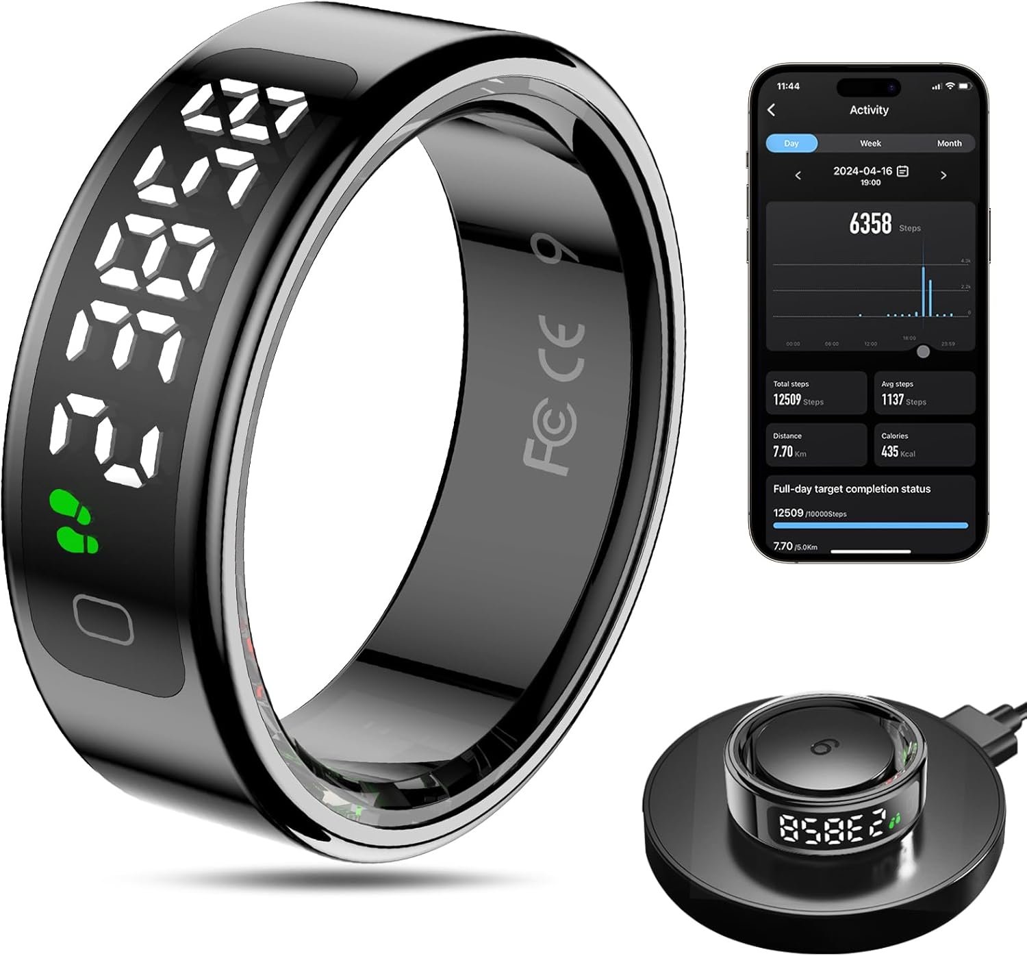 Smart Ring Health Tracker for Men/Women with LED Dispay Screen,Fitness Ring Sleep Tracker,Fast Charging,for Pedometer Exercise,Monitor Sleep,Heart Rate, Stress,Waterproof (Black,10)