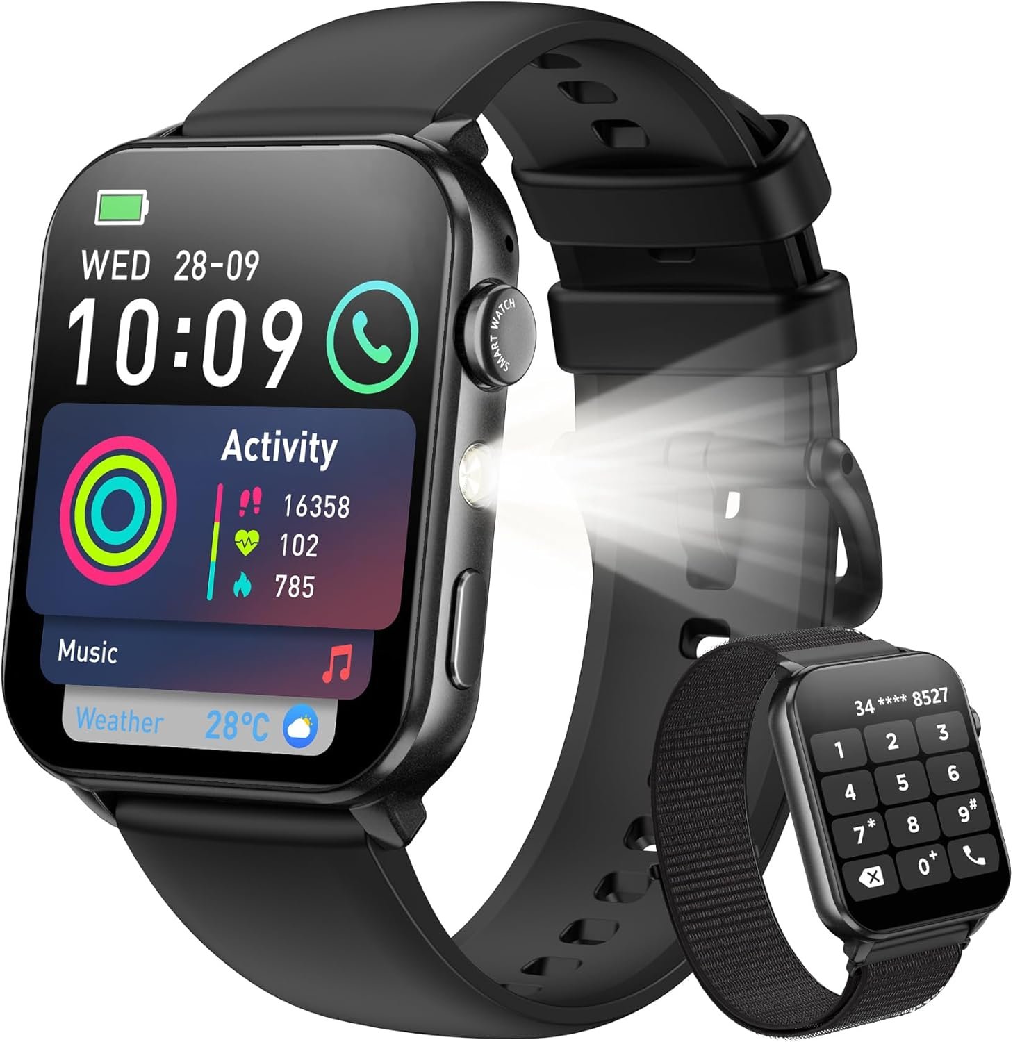Blackview Smart Watch for Men Women,1.91" HD Touchscreen Fitness Watch with Flashlight, Bluetooth Notifications/Make Calls, Heart Rate/Sleep Monitor/2 Straps, Fitness Watch for Android/iPhone