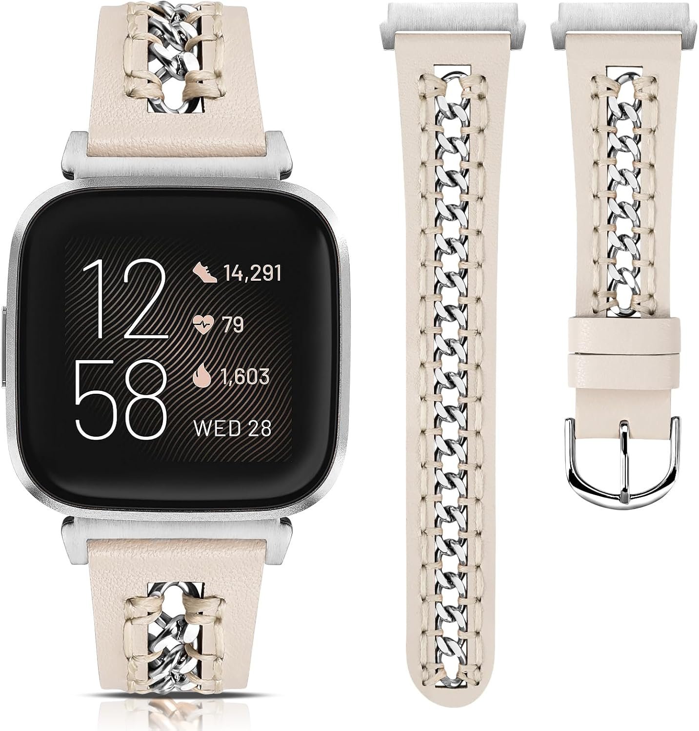 Minyee Leather Band Compatible with Fitbit Versa 2/Fitbit Versa/Versa Lite Bands Women, Dressy Premium Leather Designer Strap with Stainless Steel Metal Chain for Versa 2 Smartwatch Accessories