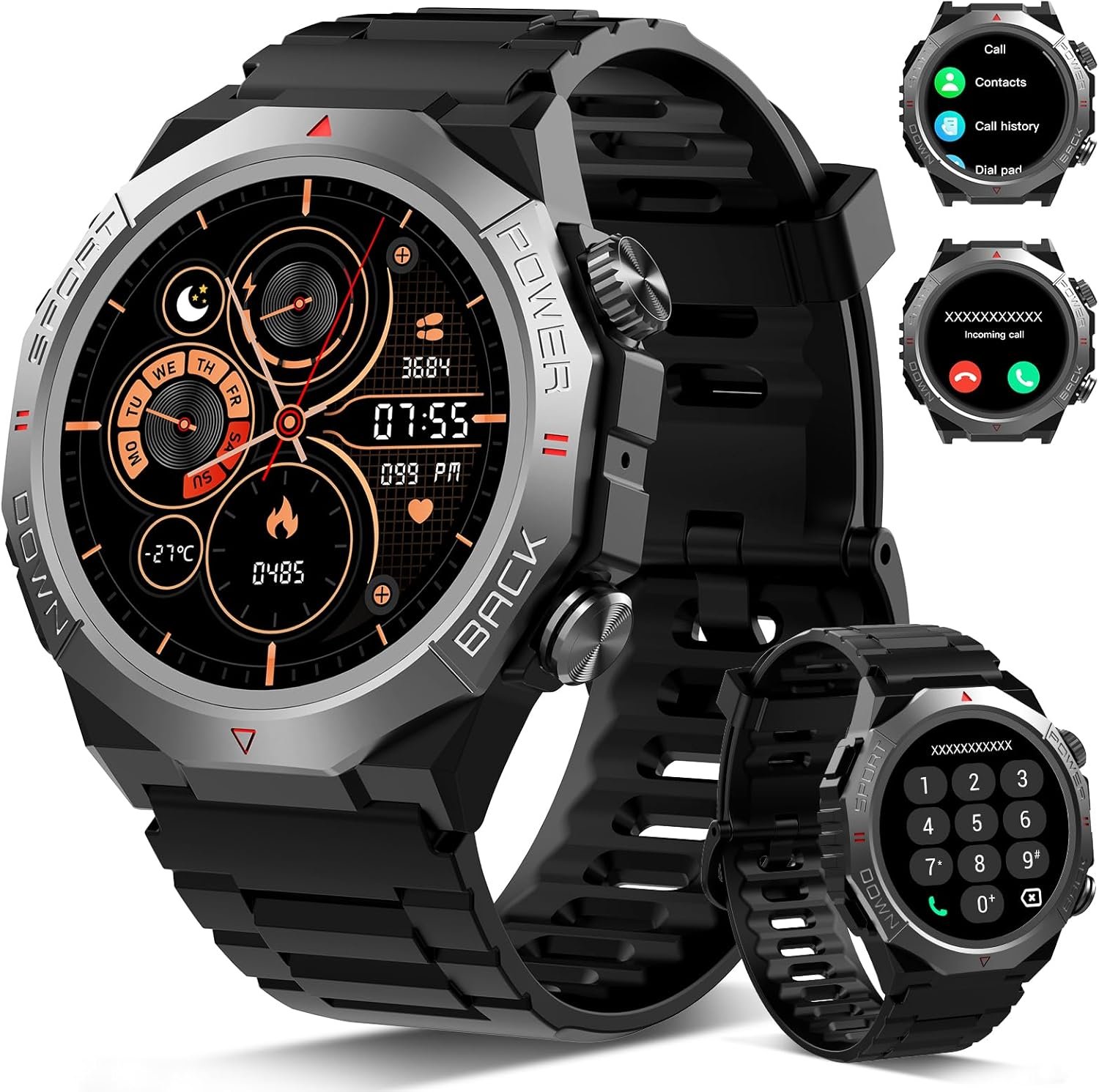 Military Smart Watches for Men(Answer/Make Calls), 1.39"HD Fitness Watch, 24/7 Heart Rate Sleep Monitor, Smart Watch for Men 110+ Sport Modes, 30Day, IP68 Waterproof Smartwatch for Android iOS, Jet