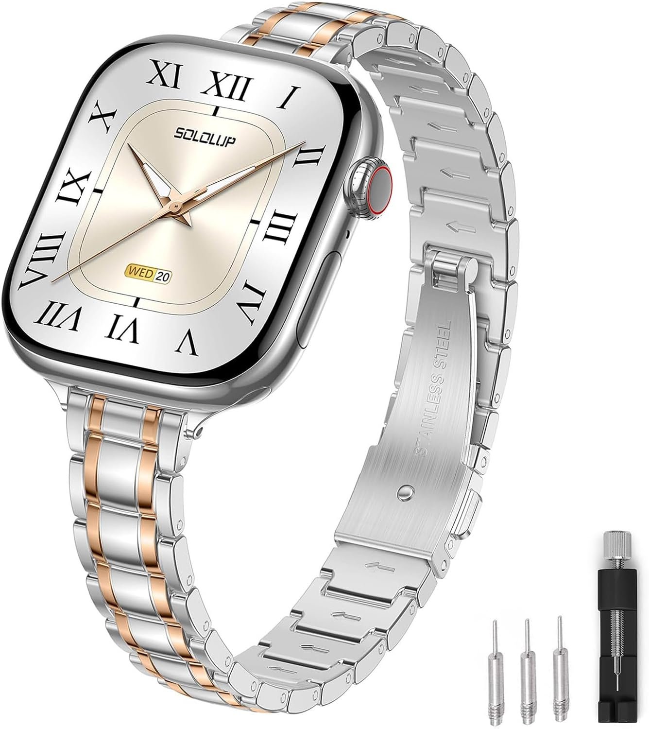 SOLOLUP Slim Metal Band Compatible With Apple Watch Bands for Women 44mm 45mm 46mm 49mm 42mm,Thin Dressy Stainless Steel Chain Strap for iWatch Series 11 10 9 8 7 6 5 4 3 SE Ultra3/2,Silver-RoseGold