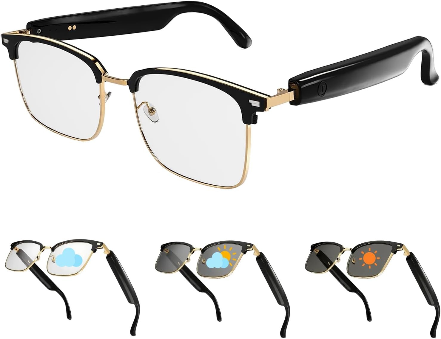 AI Smart Glasses Bluetooth Audio Glasses Sunglasses with Photochromic Lenses, Translation, Music, Calls, Voice Assistant, Open-Ear Stereo Speakers, Blue Light Filter & UV Protection Men Women