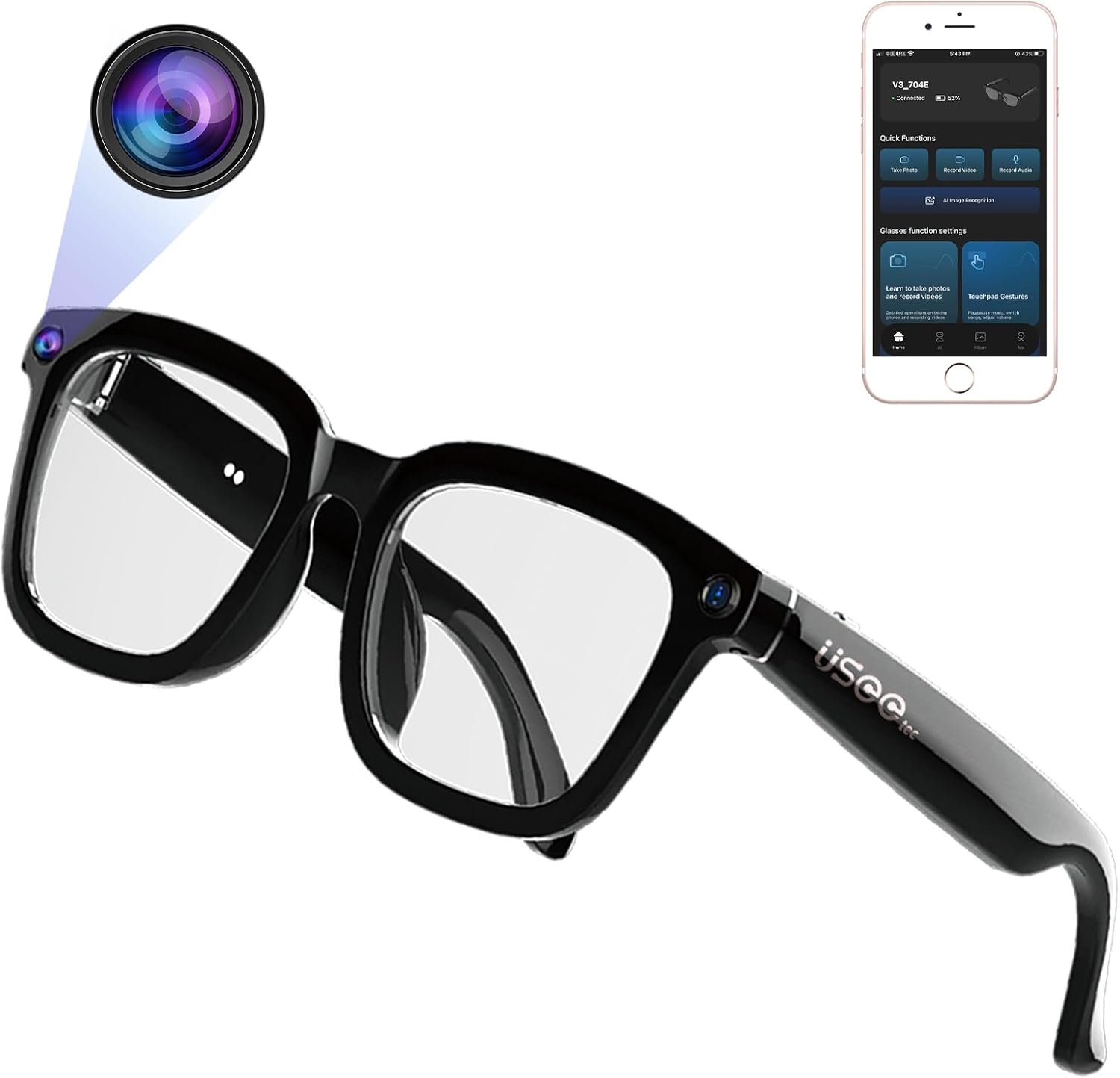 AI Smart Glasses with 500M Camera, Bluetooth 5.3, IP65 Waterproof, 6-Axis Image Stabilization, Instant Translation, Voice Call, App Control, 220mAh Battery, Magnetic Charging