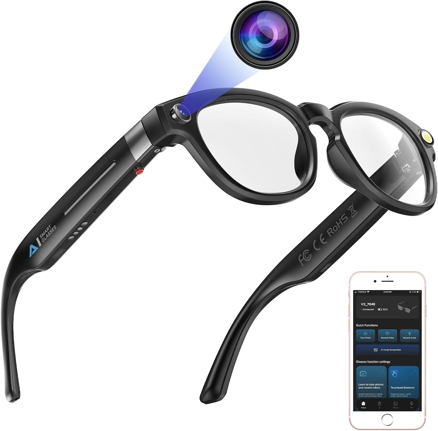 Quawins 4K Camera AI Smart Glasses, Bluetooth 5.3, Auto Color-Changing Lenses, 32GB Memory, Music & Call, AI Assistant, Magnetic Charging for Men & Women