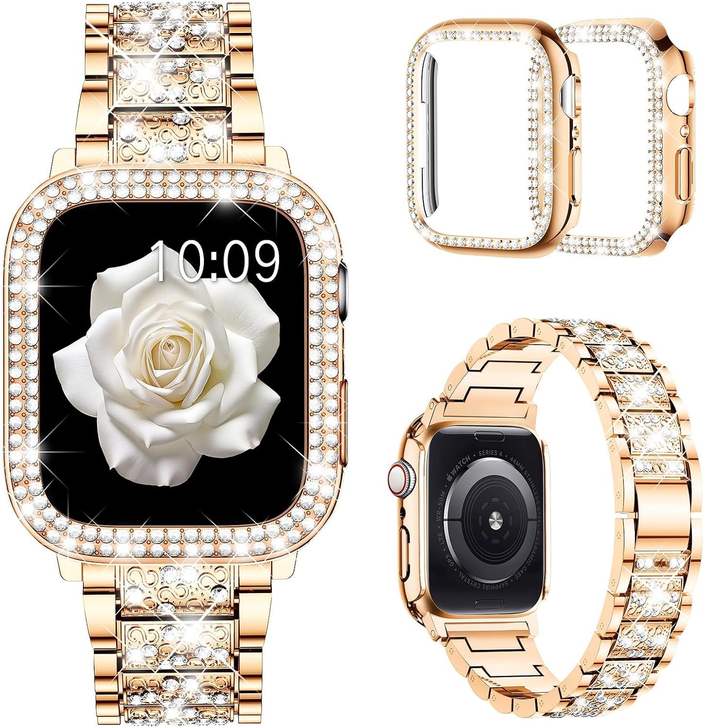 Mosonio Compatible with Apple Watch Band (Case Size Specific) 38mm 40mm 41mm 42mm 44mm 45mm 46mm 49mm with 2 Pack Case Women, Bling Replacement Metal Bands Strap with PC Protective Case for iWatch Ultra SE Series 11/10/9/8/7/6/5/4/3/2/1