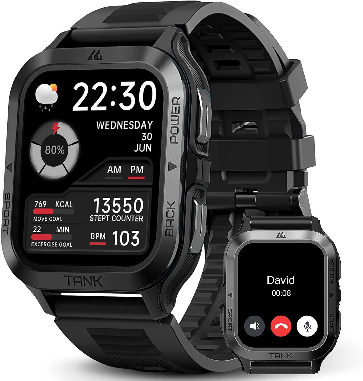 AMAZTIM Smart Watch, 60 Days Extra-Long Battery, 50M Waterproof, Rugged Military Bluetooth Call(Answer/Dial Calls), 1.85" Ultra Large HD Display, AI Voice Assistant, Compatible for Android and iOS