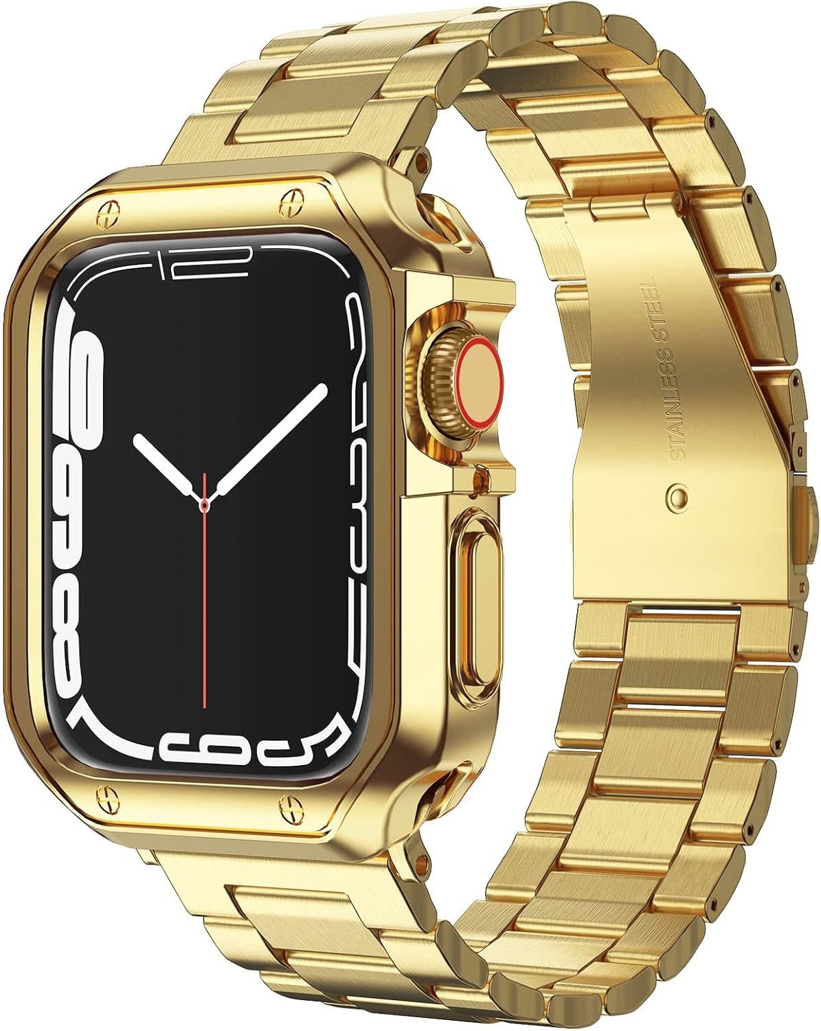 Compatible with Apple Watch Band and Case, Stainless Steel Metal Chain with TPU Cover, Smart-Watch Link Bracelet Strap, Wrist-Band for i-Watch Series 10 11, 42mm, Gold